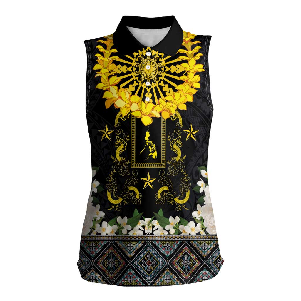Flores de Mayo and Filipino Fiesta Women Sleeveless Polo Shirt The Sun-Jasmine and Polynesian Yakan Tattoo Barong Style