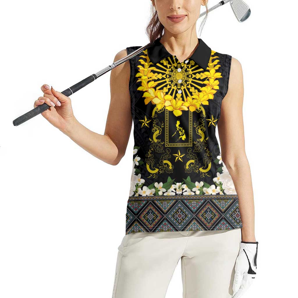 Flores de Mayo and Filipino Fiesta Women Sleeveless Polo Shirt The Sun-Jasmine and Polynesian Yakan Tattoo Barong Style