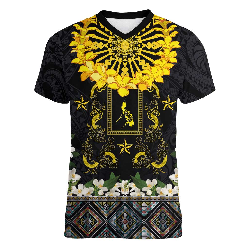 Flores de Mayo and Filipino Fiesta Women V-Neck T-Shirt The Sun-Jasmine and Polynesian Yakan Tattoo Barong Style