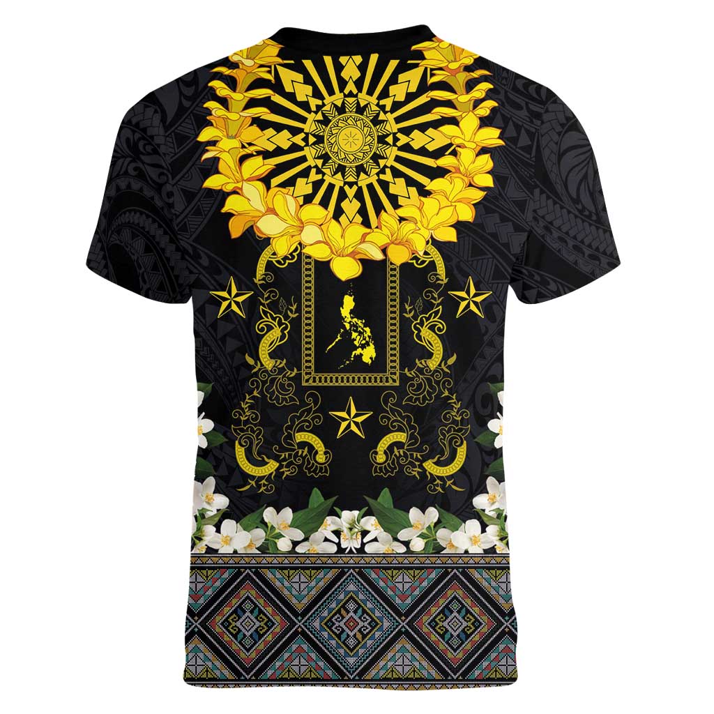 Flores de Mayo and Filipino Fiesta Women V-Neck T-Shirt The Sun-Jasmine and Polynesian Yakan Tattoo Barong Style