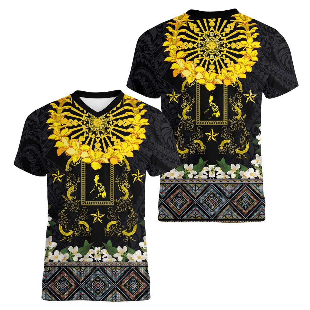 Flores de Mayo and Filipino Fiesta Women V-Neck T-Shirt The Sun-Jasmine and Polynesian Yakan Tattoo Barong Style