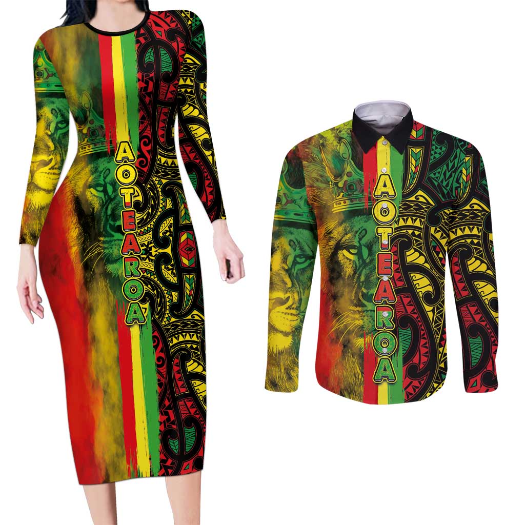 Aotearoa Reggae Couples Matching Long Sleeve Bodycon Dress and Long Sleeve Button Shirt Maori Reggae-One Love