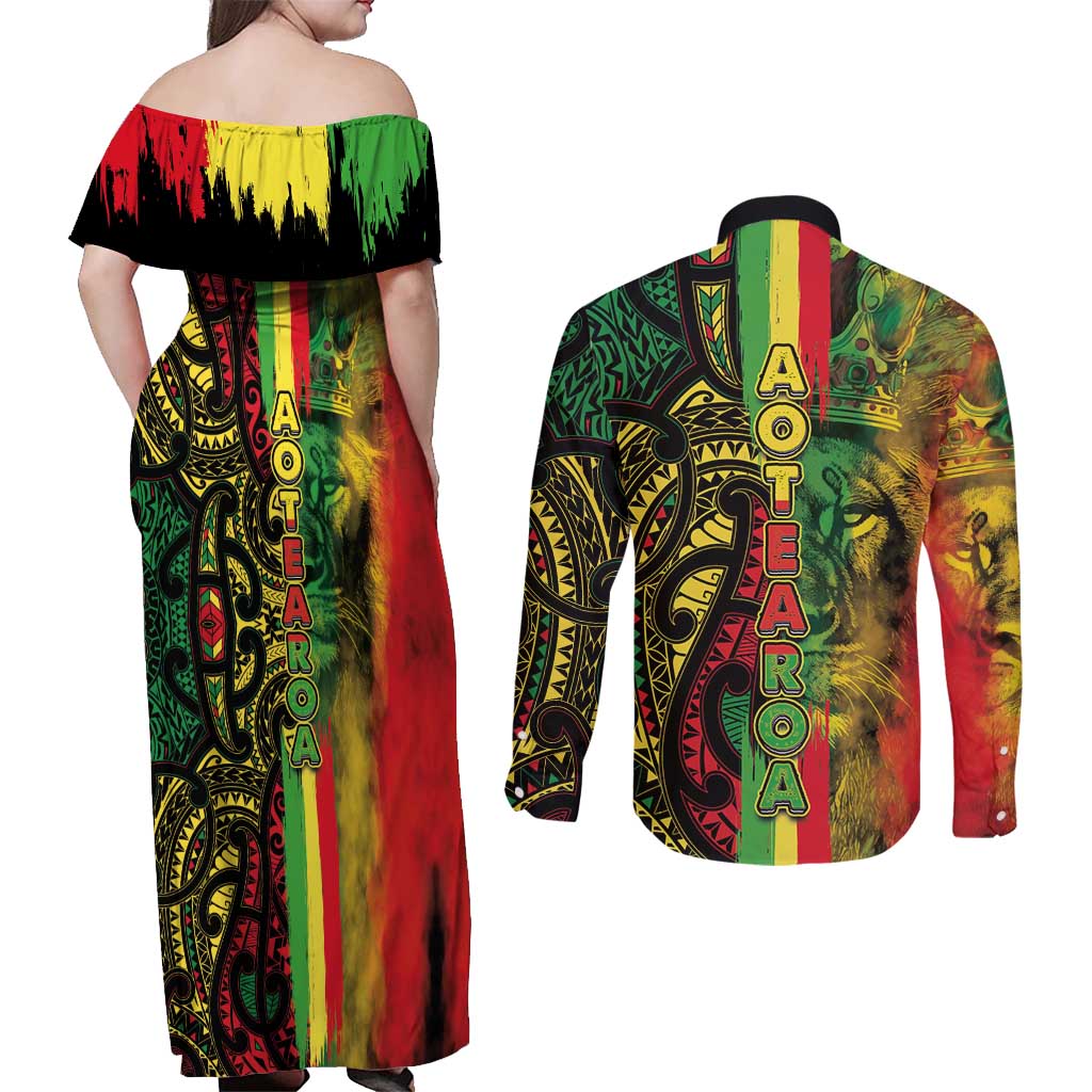 Aotearoa Reggae Couples Matching Off Shoulder Maxi Dress and Long Sleeve Button Shirt Maori Reggae-One Love