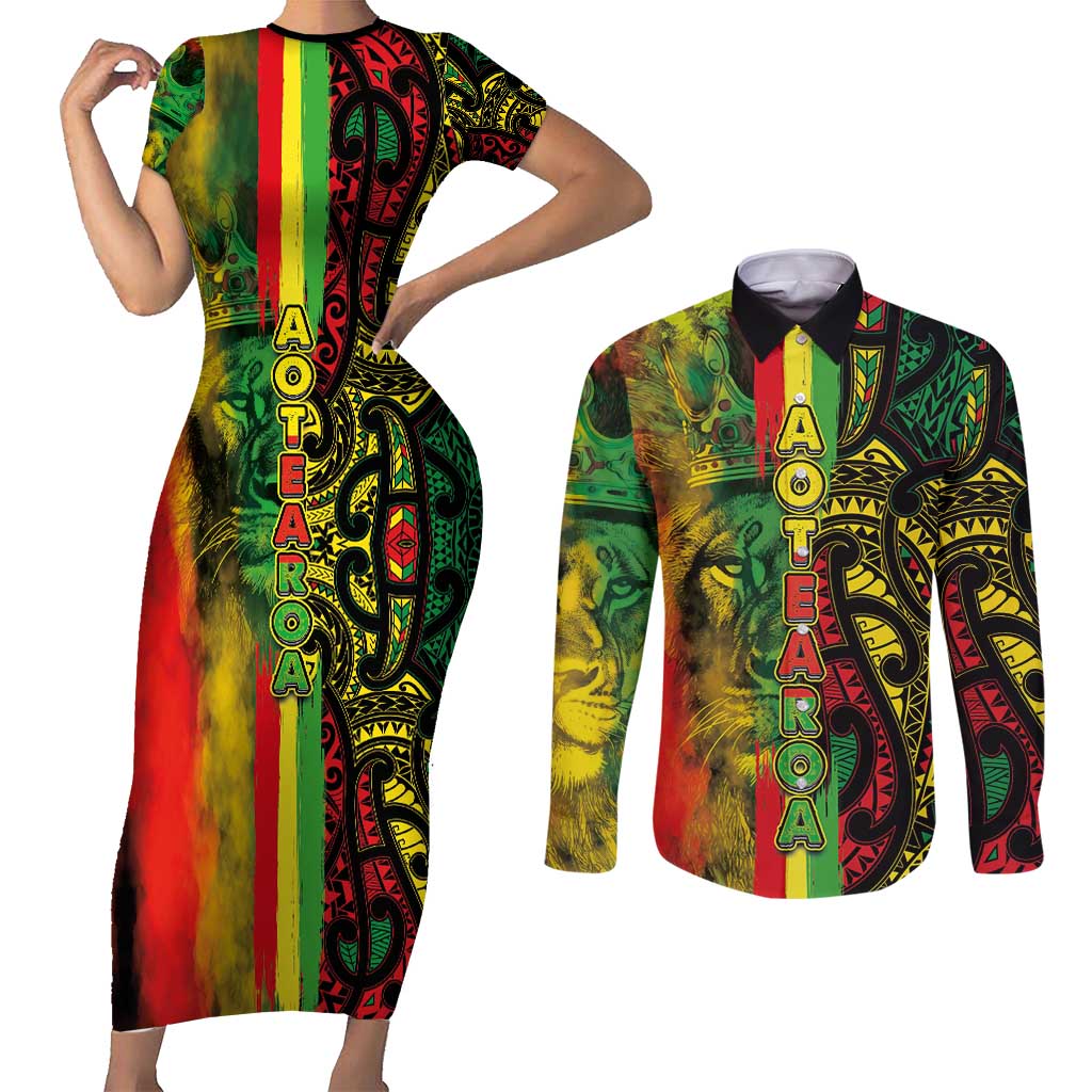 Aotearoa Reggae Couples Matching Short Sleeve Bodycon Dress and Long Sleeve Button Shirt Maori Reggae-One Love