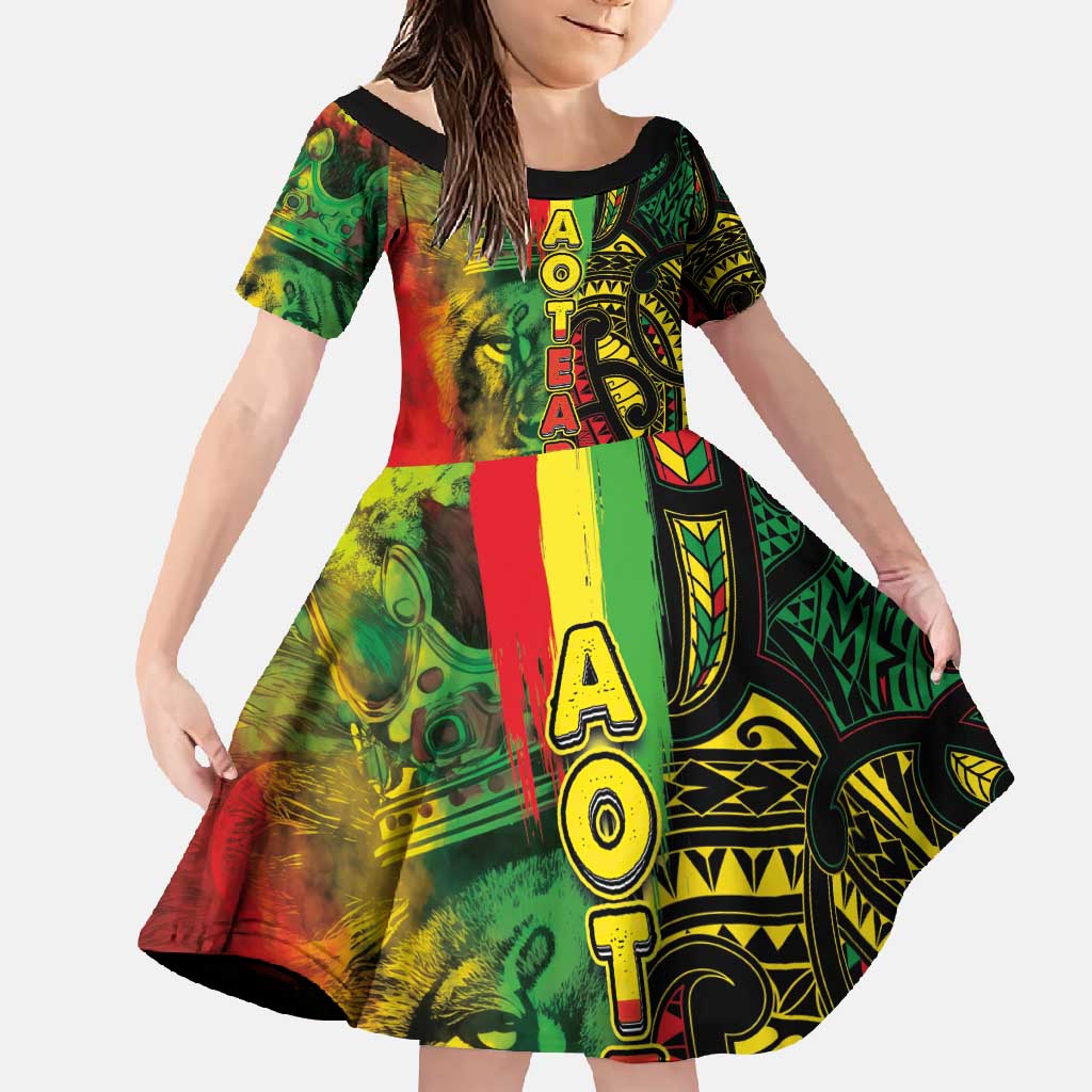 Aotearoa Reggae Family Matching Long Sleeve Bodycon Dress and Hawaiian Shirt Maori Reggae-One Love LT03 Daughter's Dress Reggae - Polynesian Pride