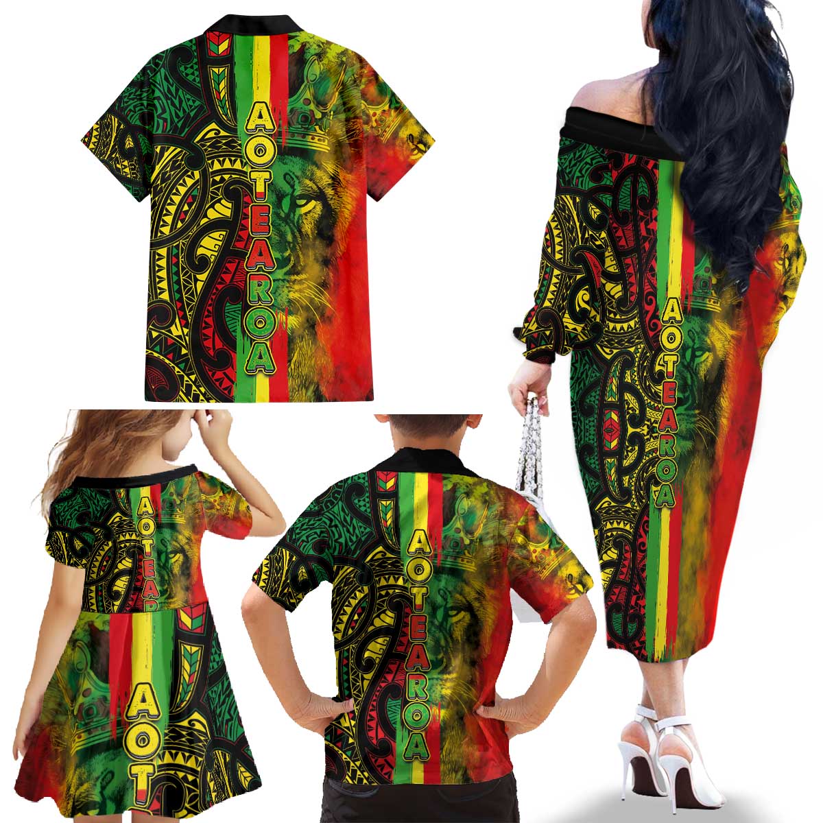 Aotearoa Reggae Family Matching Off The Shoulder Long Sleeve Dress and Hawaiian Shirt Maori Reggae-One Love LT03 - Polynesian Pride