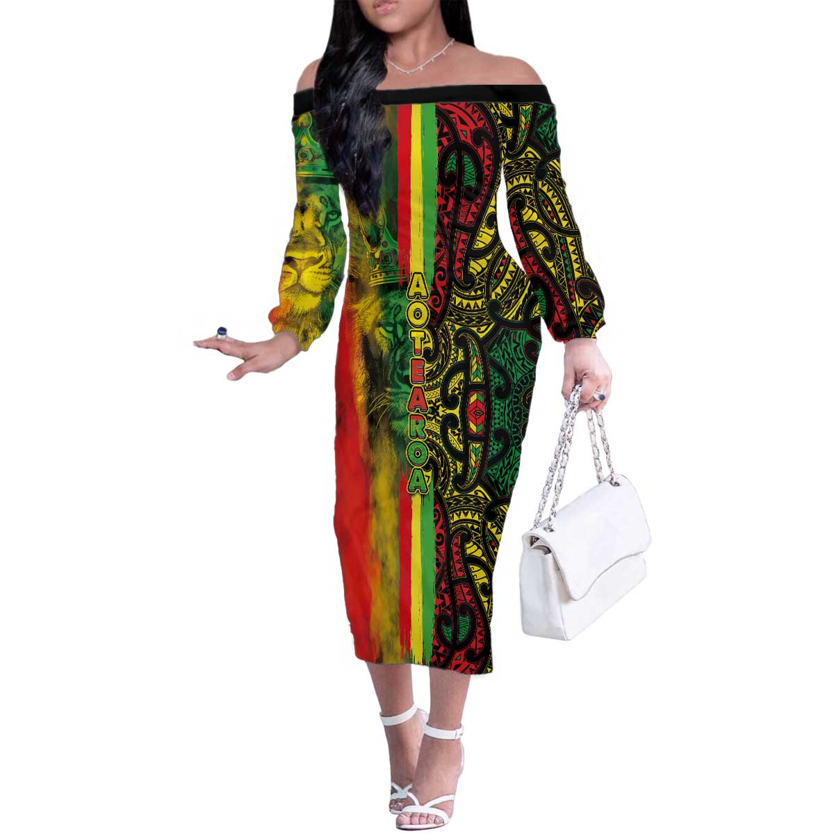 Aotearoa Reggae Family Matching Off The Shoulder Long Sleeve Dress and Hawaiian Shirt Maori Reggae-One Love LT03 Mom's Dress Reggae - Polynesian Pride