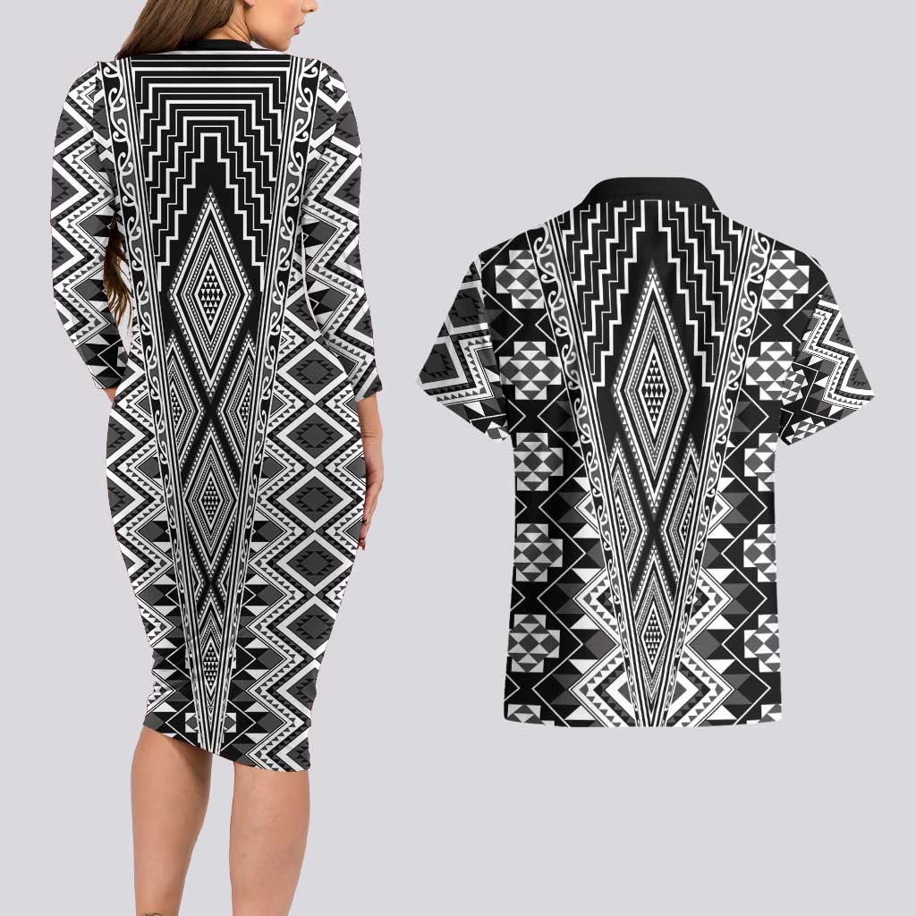 Aotearoa Tukutuku and Poutama Motif Classic Couples Matching Long Sleeve Bodycon Dress and Hawaiian Shirt LT03 - Polynesian Pride