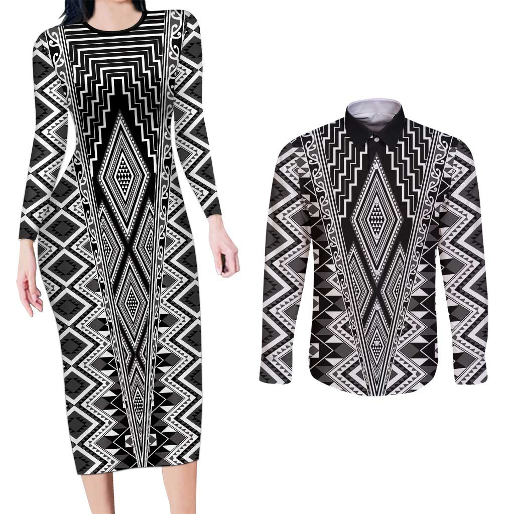Aotearoa Tukutuku and Poutama Motif Classic Couples Matching Long Sleeve Bodycon Dress and Long Sleeve Button Shirt