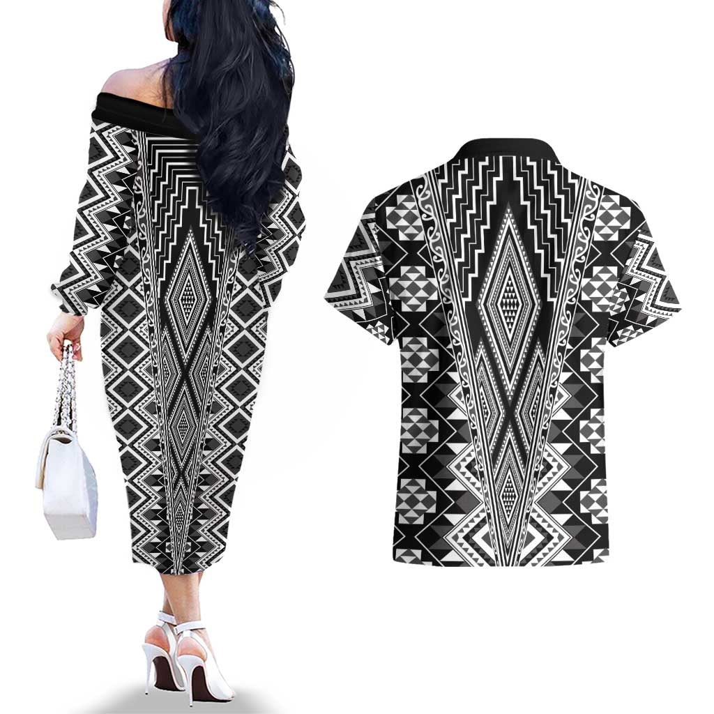 Aotearoa Tukutuku and Poutama Motif Classic Couples Matching Off The Shoulder Long Sleeve Dress and Hawaiian Shirt LT03 - Polynesian Pride