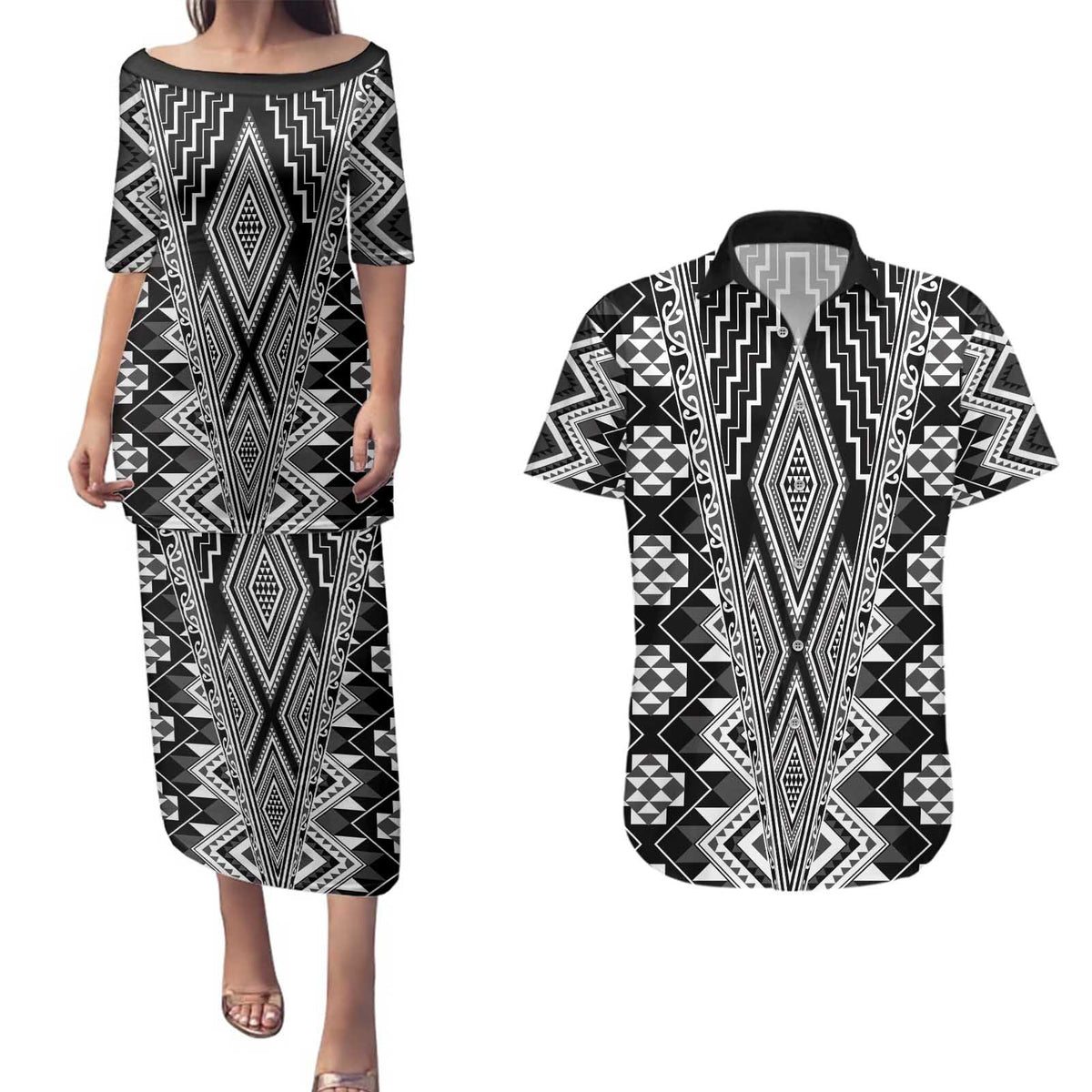 Aotearoa Tukutuku and Poutama Motif Classic Couples Matching Puletasi and Hawaiian Shirt LT03 Gray - Polynesian Pride