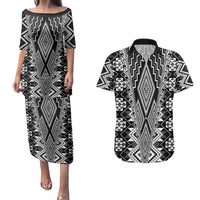 Aotearoa Tukutuku and Poutama Motif Classic Couples Matching Puletasi and Hawaiian Shirt LT03 Gray - Polynesian Pride
