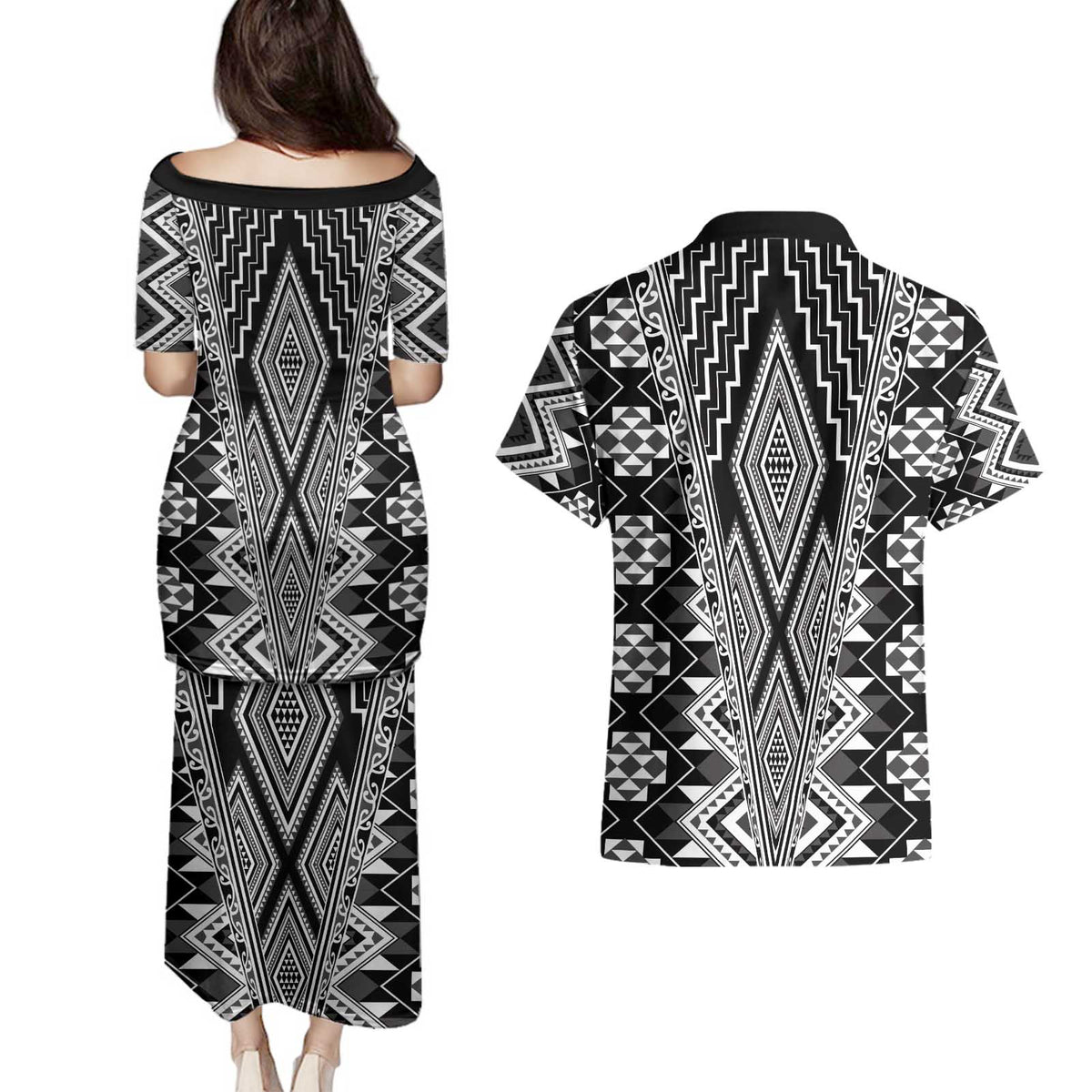 Aotearoa Tukutuku and Poutama Motif Classic Couples Matching Puletasi and Hawaiian Shirt LT03 - Polynesian Pride