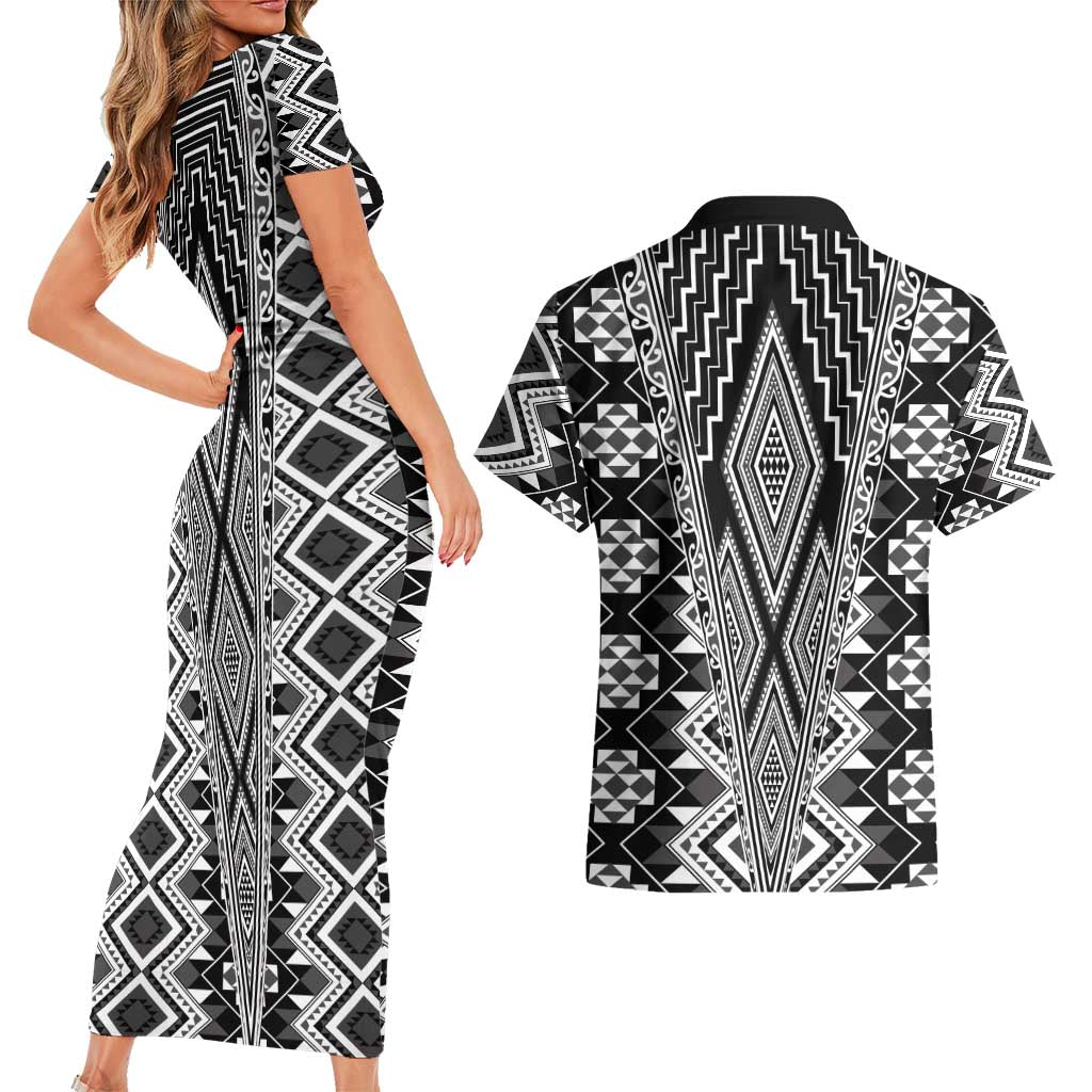 Aotearoa Tukutuku and Poutama Motif Classic Couples Matching Short Sleeve Bodycon Dress and Hawaiian Shirt LT03 - Polynesian Pride