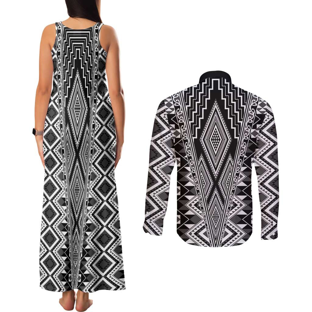 Aotearoa Tukutuku and Poutama Motif Classic Couples Matching Tank Maxi Dress and Long Sleeve Button Shirt