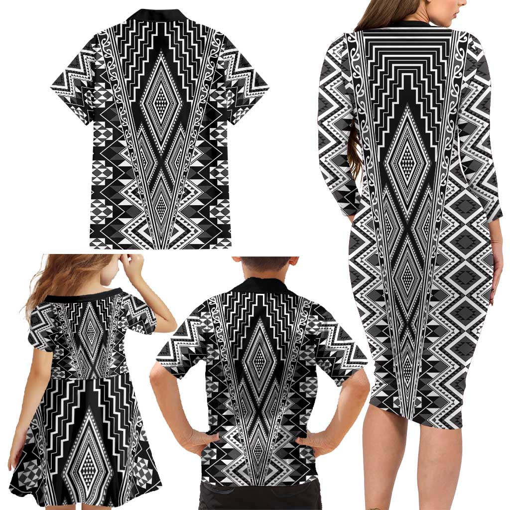Aotearoa Tukutuku and Poutama Motif Classic Family Matching Long Sleeve Bodycon Dress and Hawaiian Shirt LT03 - Polynesian Pride