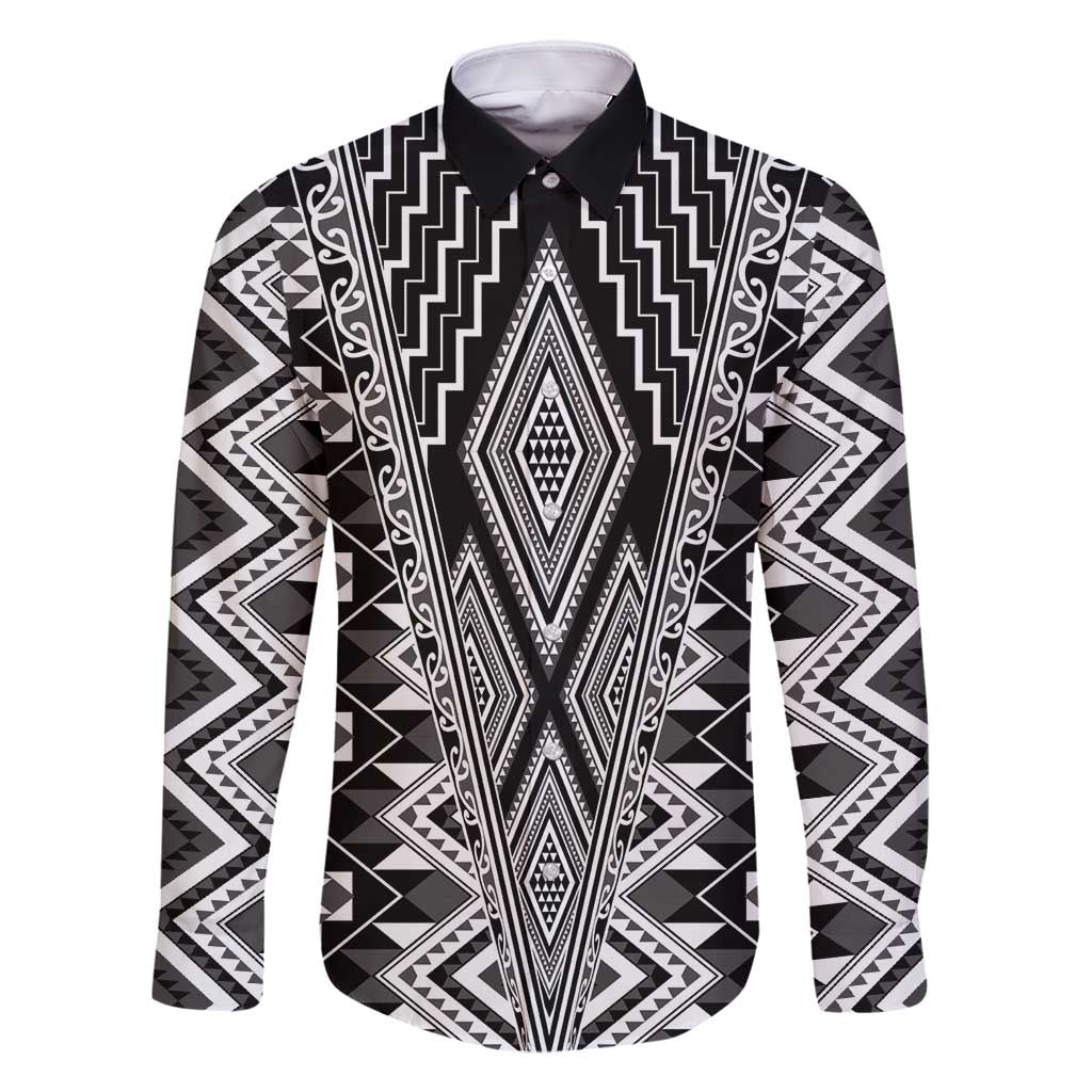 Aotearoa Tukutuku and Poutama Motif Classic Family Matching Long Sleeve Bodycon Dress and Hawaiian Shirt LT03 Dad's Shirt - Long Sleeve Gray - Polynesian Pride