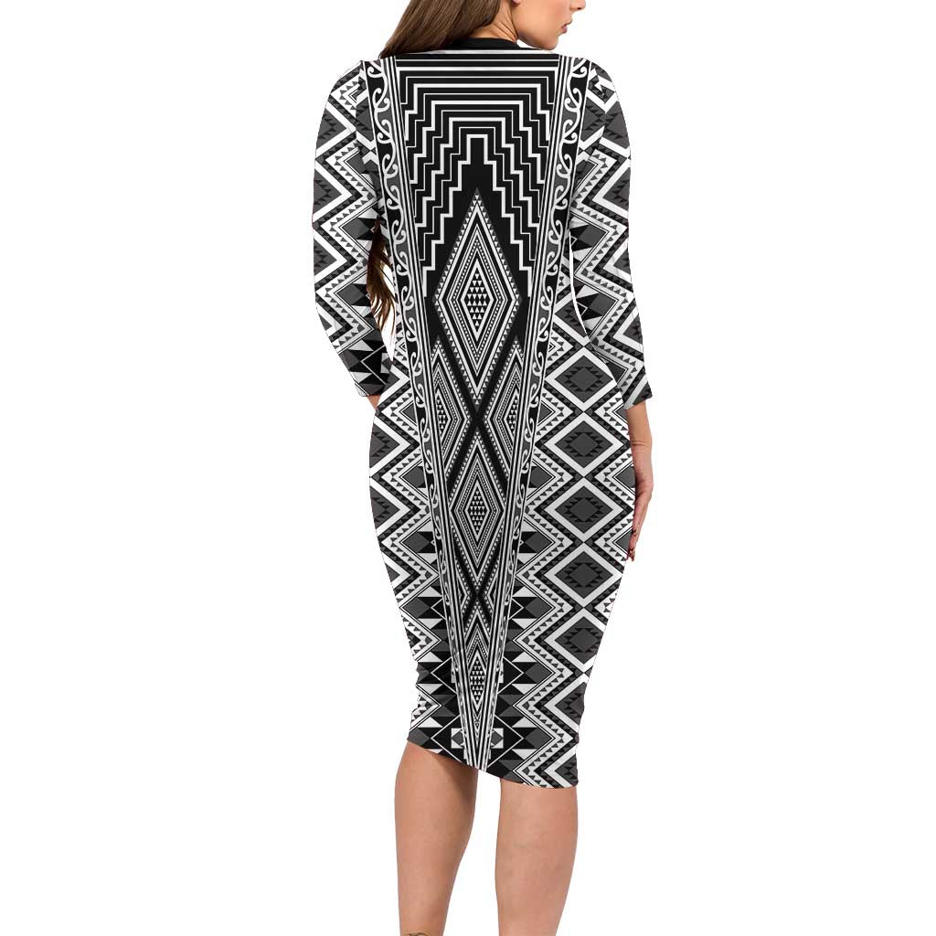 Aotearoa Tukutuku and Poutama Motif Classic Family Matching Long Sleeve Bodycon Dress and Hawaiian Shirt LT03 - Polynesian Pride