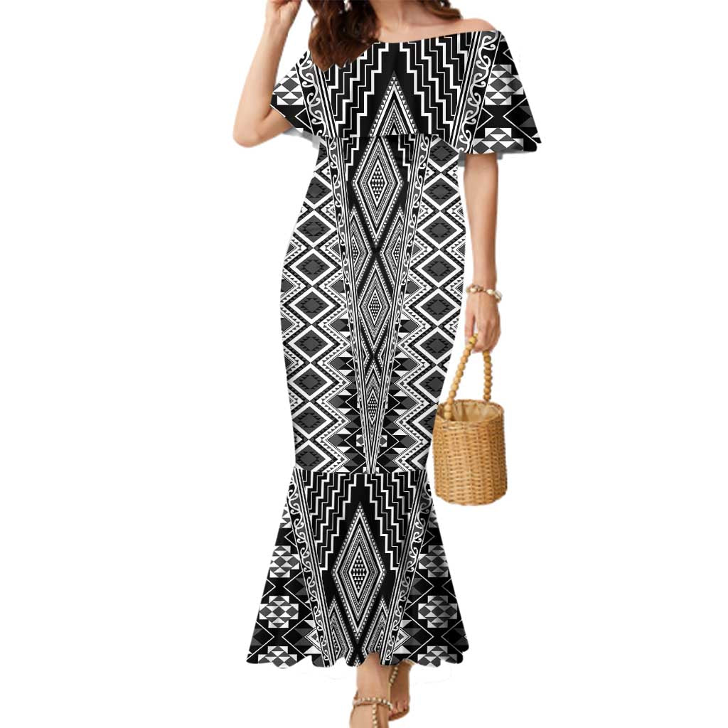 Aotearoa Tukutuku and Poutama Motif Classic Family Matching Mermaid Dress and Hawaiian Shirt LT03 Mom's Dress Gray - Polynesian Pride