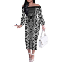 Aotearoa Tukutuku and Poutama Motif Classic Family Matching Off The Shoulder Long Sleeve Dress and Hawaiian Shirt LT03 Mom's Dress Gray - Polynesian Pride