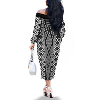 Aotearoa Tukutuku and Poutama Motif Classic Family Matching Off The Shoulder Long Sleeve Dress and Hawaiian Shirt LT03 - Polynesian Pride