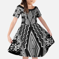 Aotearoa Tukutuku and Poutama Motif Classic Family Matching Off Shoulder Maxi Dress and Hawaiian Shirt LT03 Daughter's Dress Gray - Polynesian Pride