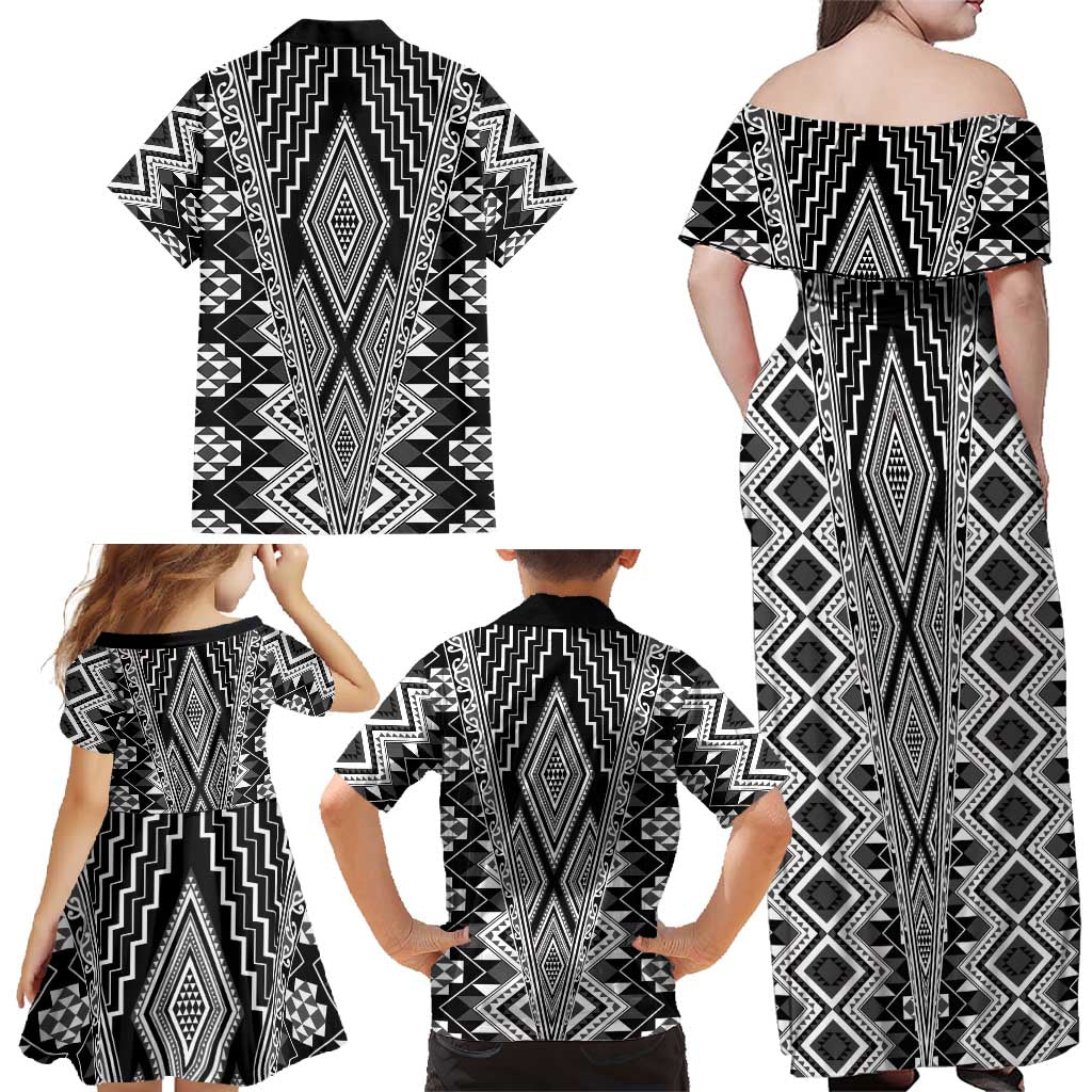 Aotearoa Tukutuku and Poutama Motif Classic Family Matching Off Shoulder Maxi Dress and Hawaiian Shirt LT03 - Polynesian Pride