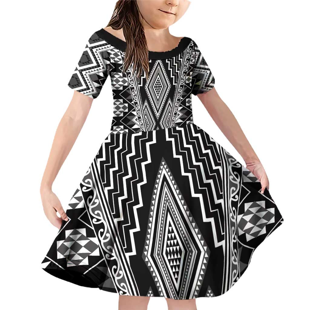 Aotearoa Tukutuku and Poutama Motif Classic Family Matching Off Shoulder Short Dress and Hawaiian Shirt LT03 Daughter's Dress Gray - Polynesian Pride