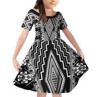 Aotearoa Tukutuku and Poutama Motif Classic Family Matching Off Shoulder Short Dress and Hawaiian Shirt LT03 Daughter's Dress Gray - Polynesian Pride