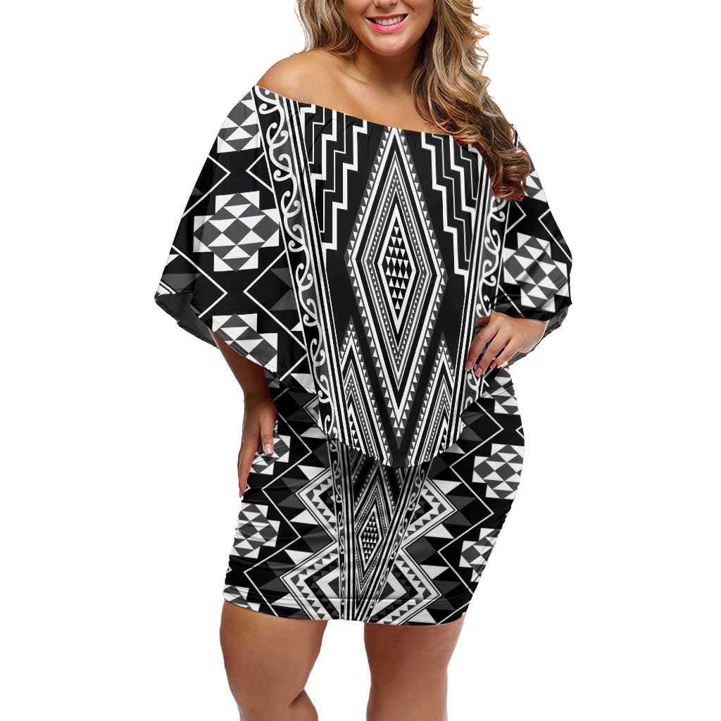 Aotearoa Tukutuku and Poutama Motif Classic Family Matching Off Shoulder Short Dress and Hawaiian Shirt LT03 Mom's Dress Gray - Polynesian Pride