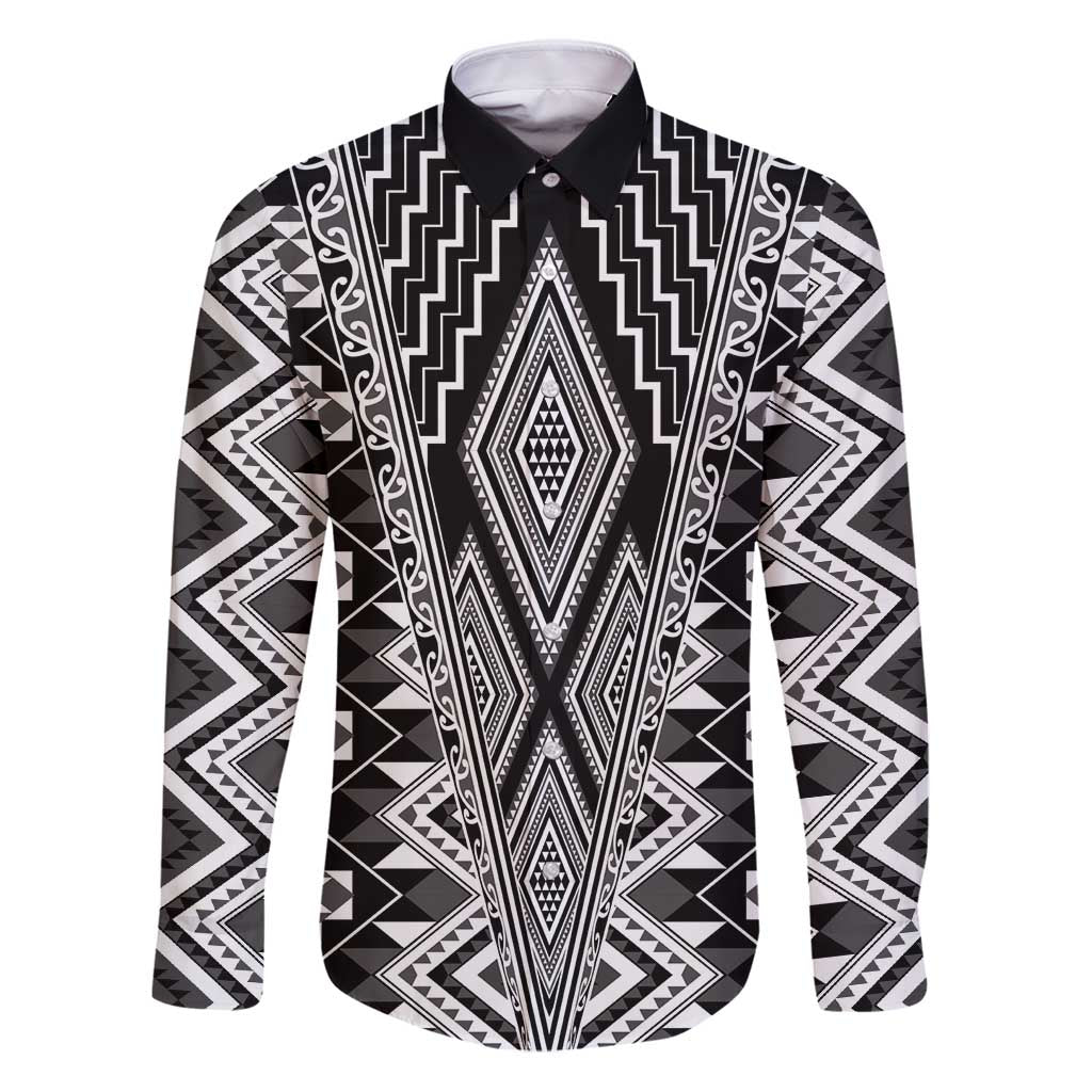 Aotearoa Tukutuku and Poutama Motif Classic Family Matching Puletasi and Hawaiian Shirt LT03 Dad's Shirt - Long Sleeve Gray - Polynesian Pride