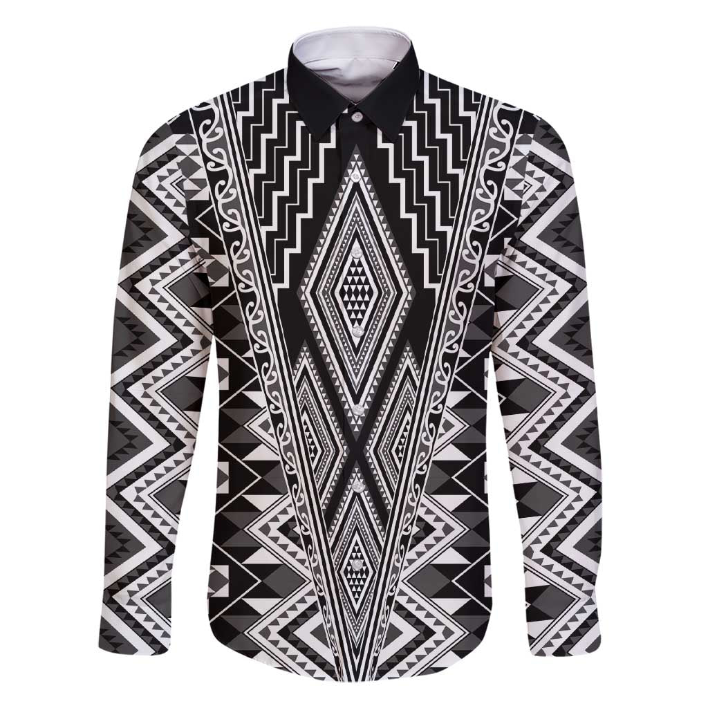 Aotearoa Tukutuku and Poutama Motif Classic Family Matching Short Sleeve Bodycon Dress and Hawaiian Shirt LT03 Dad's Shirt - Long Sleeve Gray - Polynesian Pride