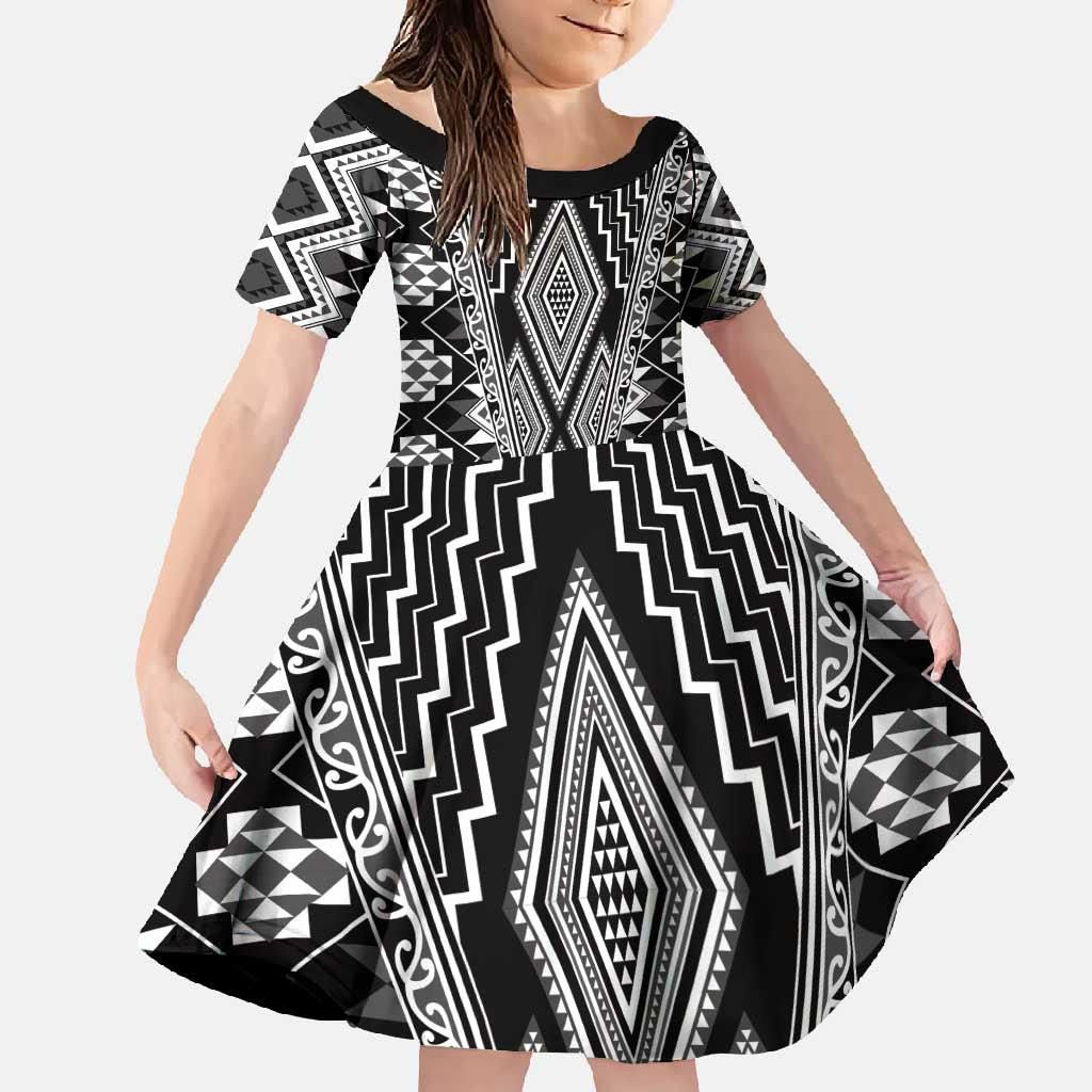 Aotearoa Tukutuku and Poutama Motif Classic Family Matching Summer Maxi Dress and Hawaiian Shirt LT03 Daughter's Dress Gray - Polynesian Pride