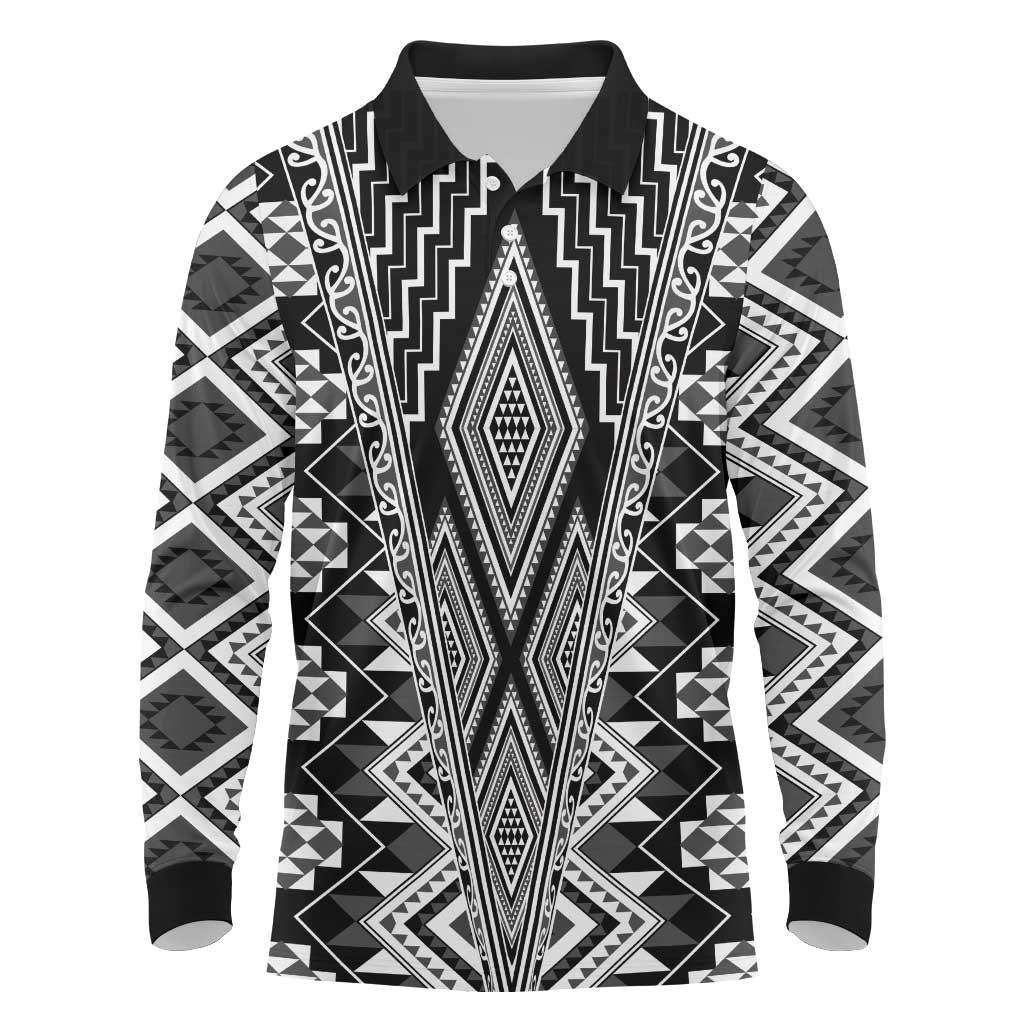 Aotearoa Tukutuku and Poutama Motif Classic Long Sleeve Polo Shirt