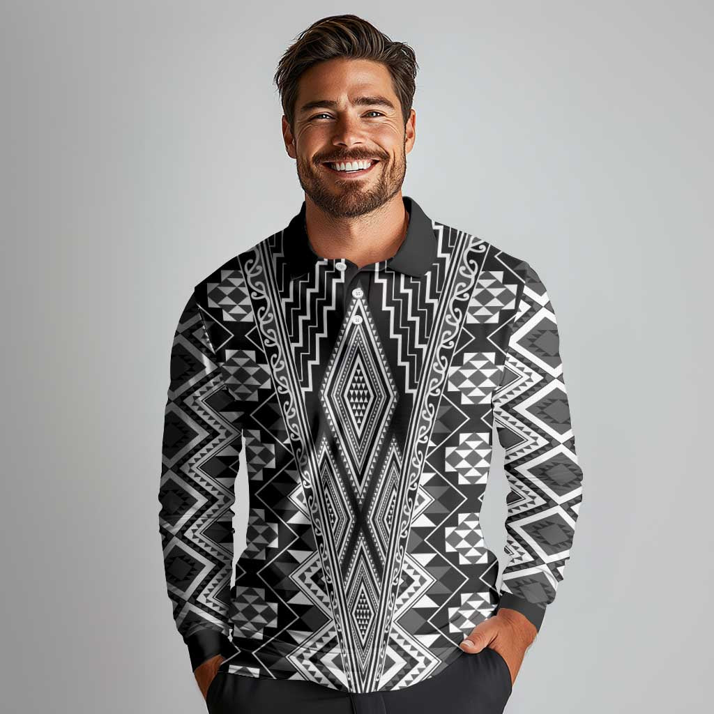 Aotearoa Tukutuku and Poutama Motif Classic Long Sleeve Polo Shirt