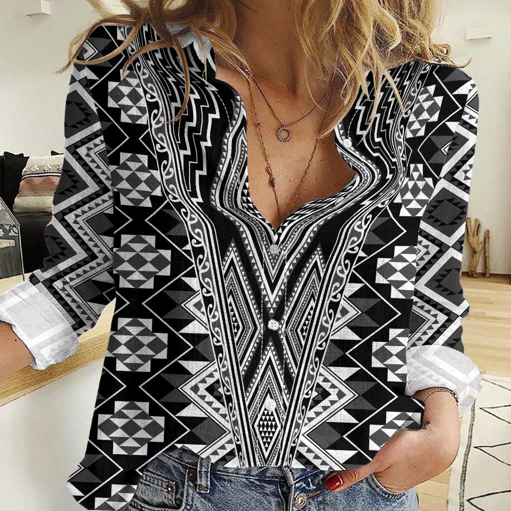 Aotearoa Tukutuku and Poutama Motif Classic Women Casual Shirt LT03 Female Gray - Polynesian Pride