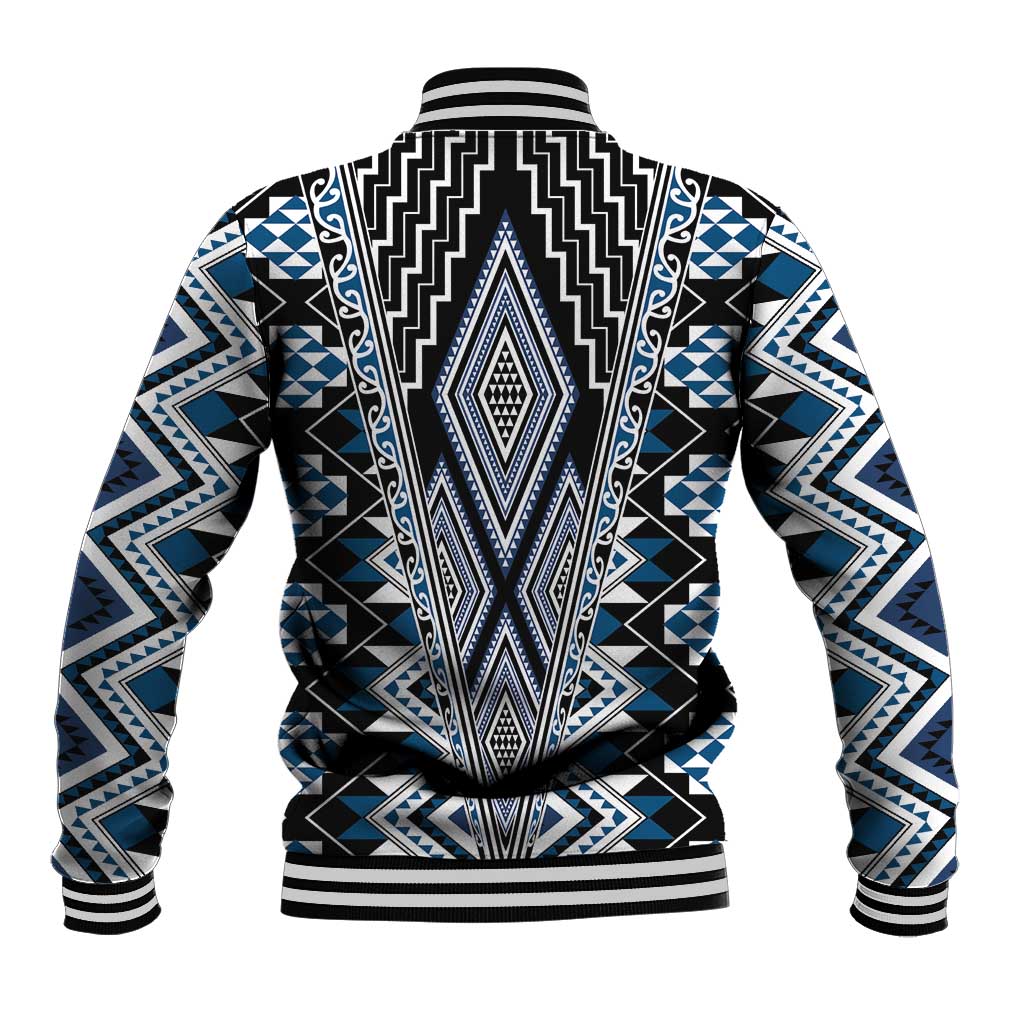 Blue Aotearoa Tukutuku and Poutama Motif Baseball Jacket