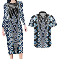 Blue Aotearoa Tukutuku and Poutama Motif Couples Matching Long Sleeve Bodycon Dress and Hawaiian Shirt LT03 Blue - Polynesian Pride