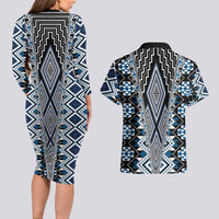 Blue Aotearoa Tukutuku and Poutama Motif Couples Matching Long Sleeve Bodycon Dress and Hawaiian Shirt LT03 - Polynesian Pride