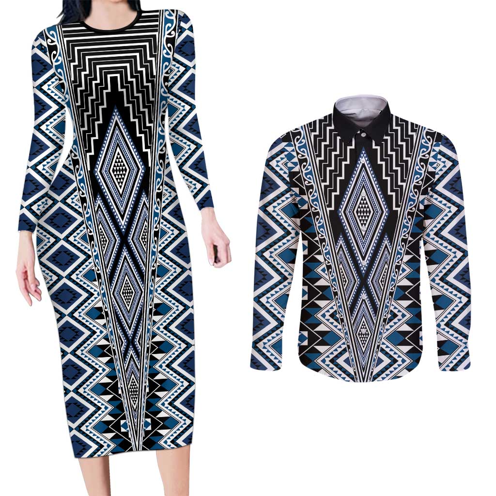 Blue Aotearoa Tukutuku and Poutama Motif Couples Matching Long Sleeve Bodycon Dress and Long Sleeve Button Shirt