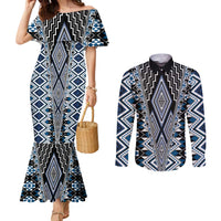Blue Aotearoa Tukutuku and Poutama Motif Couples Matching Mermaid Dress and Long Sleeve Button Shirt