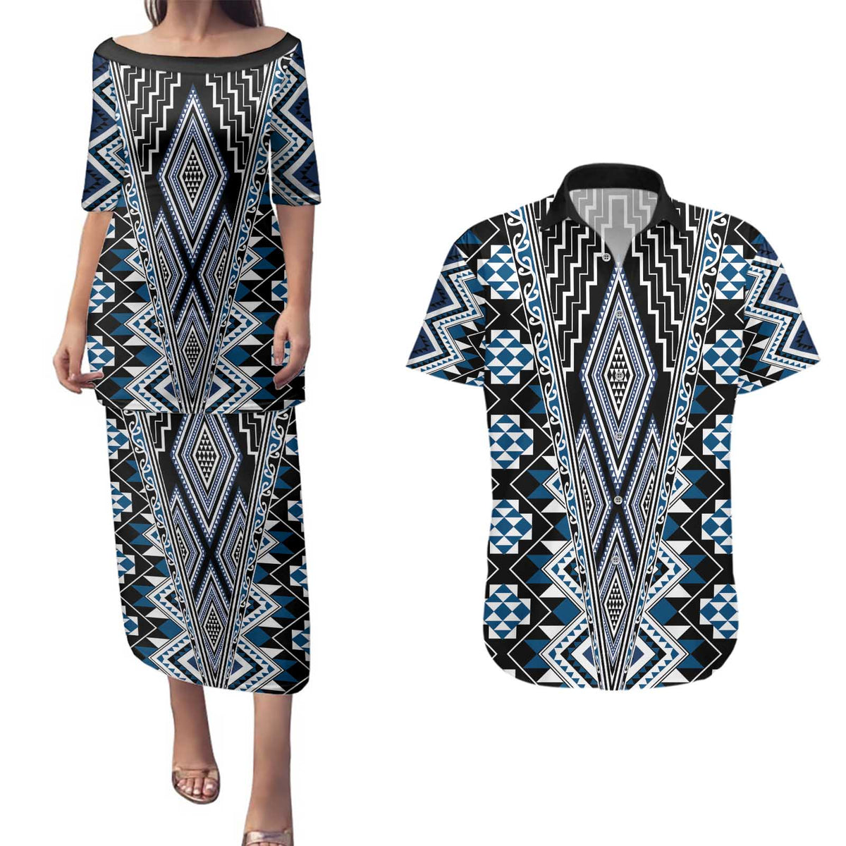 Blue Aotearoa Tukutuku and Poutama Motif Couples Matching Puletasi and Hawaiian Shirt LT03 Blue - Polynesian Pride