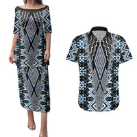 Blue Aotearoa Tukutuku and Poutama Motif Couples Matching Puletasi and Hawaiian Shirt LT03 Blue - Polynesian Pride