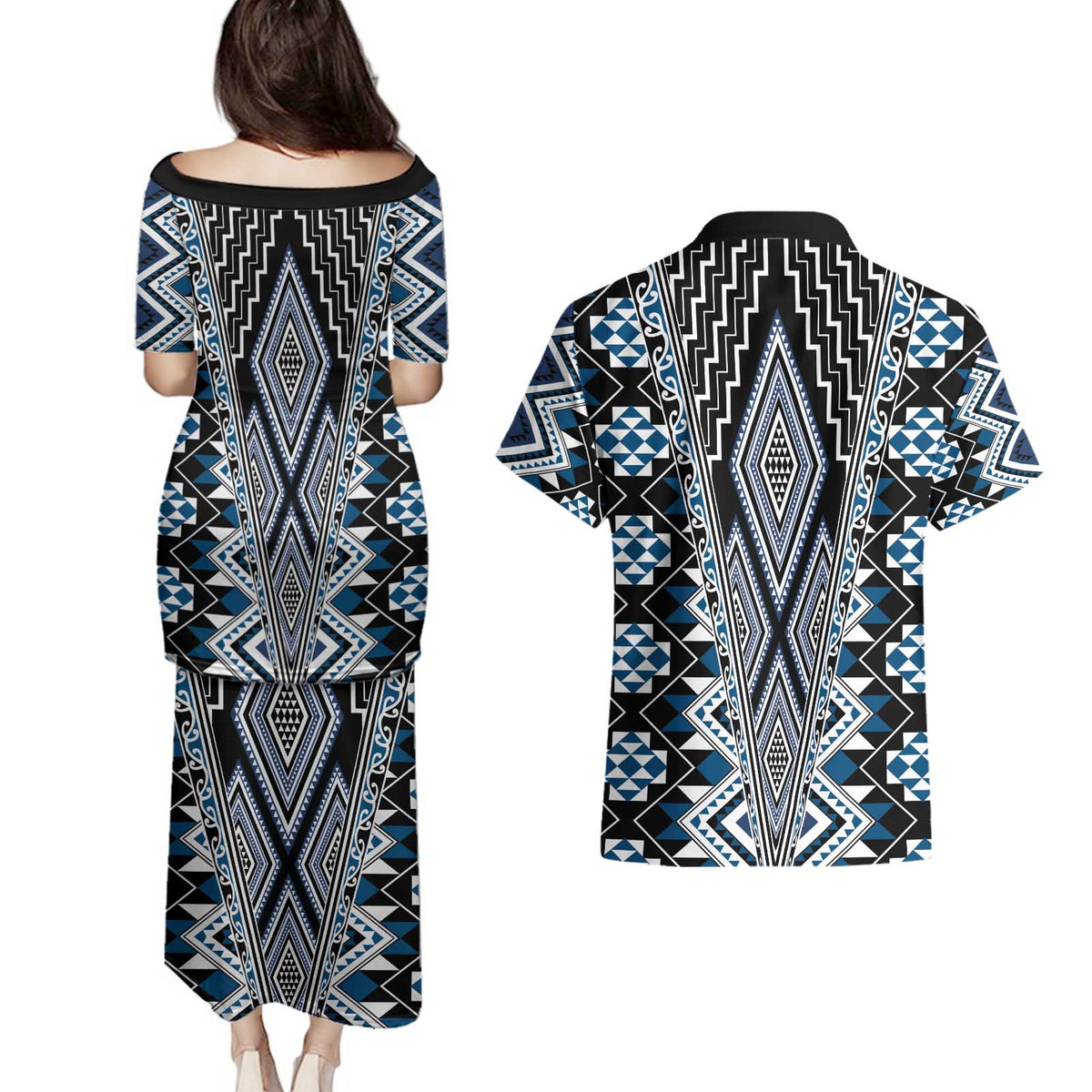 Blue Aotearoa Tukutuku and Poutama Motif Couples Matching Puletasi and Hawaiian Shirt LT03 - Polynesian Pride