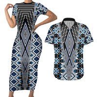 Blue Aotearoa Tukutuku and Poutama Motif Couples Matching Short Sleeve Bodycon Dress and Hawaiian Shirt LT03 Blue - Polynesian Pride