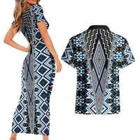 Blue Aotearoa Tukutuku and Poutama Motif Couples Matching Short Sleeve Bodycon Dress and Hawaiian Shirt LT03 - Polynesian Pride