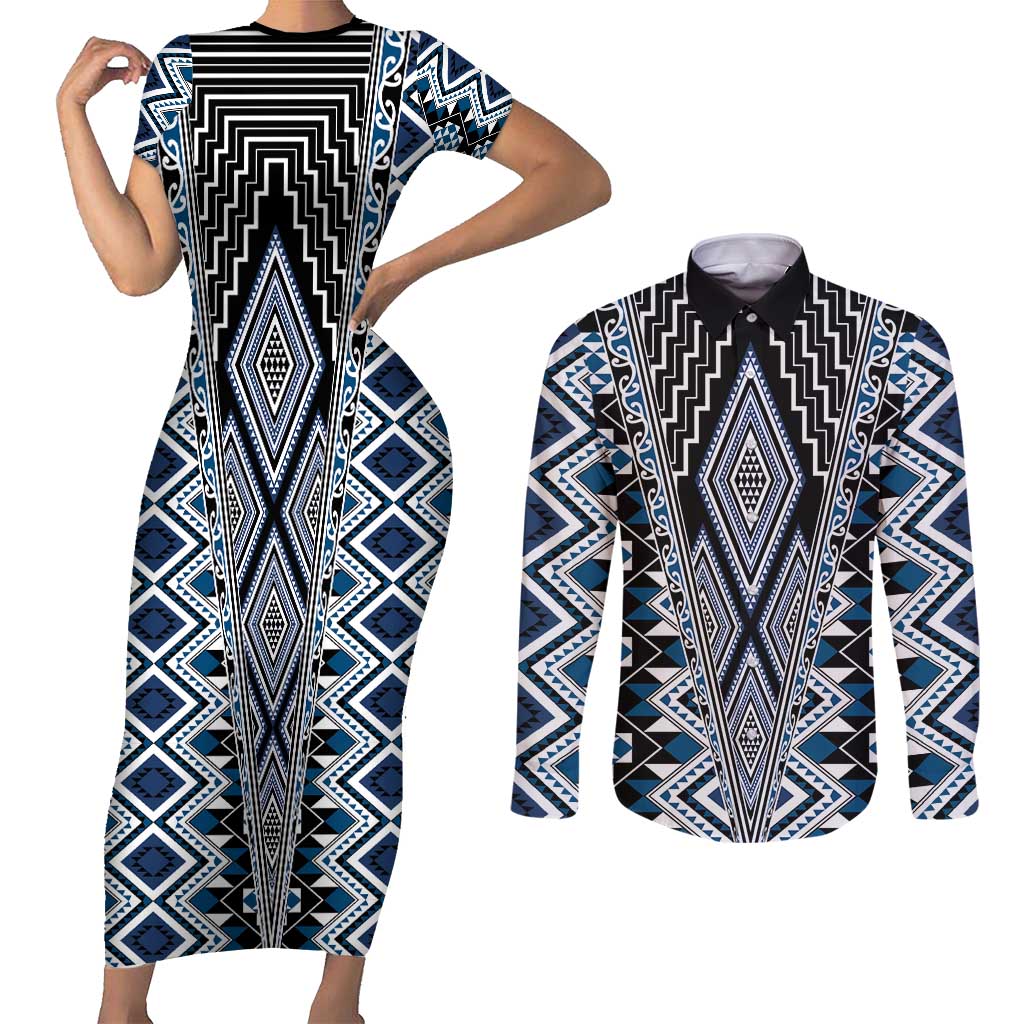 Blue Aotearoa Tukutuku and Poutama Motif Couples Matching Short Sleeve Bodycon Dress and Long Sleeve Button Shirt