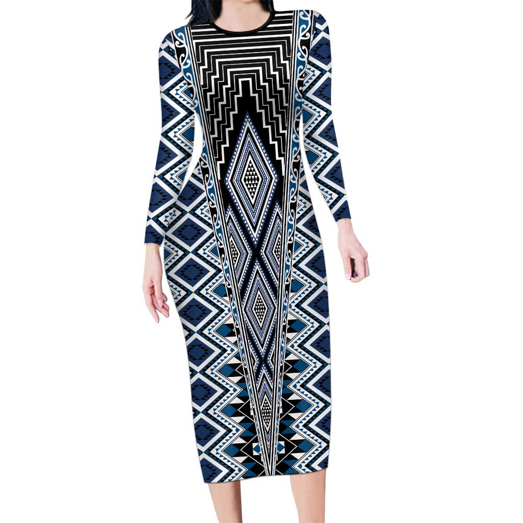 Blue Aotearoa Tukutuku and Poutama Motif Family Matching Long Sleeve Bodycon Dress and Hawaiian Shirt LT03 Mom's Dress Blue - Polynesian Pride