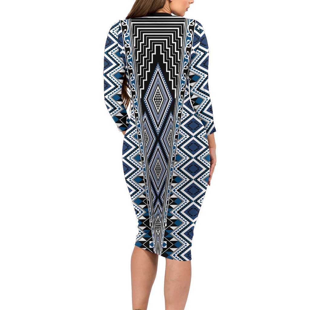 Blue Aotearoa Tukutuku and Poutama Motif Family Matching Long Sleeve Bodycon Dress and Hawaiian Shirt LT03 - Polynesian Pride