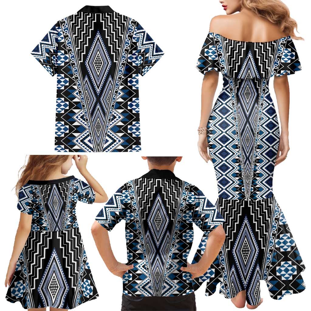 Blue Aotearoa Tukutuku and Poutama Motif Family Matching Mermaid Dress and Hawaiian Shirt LT03 - Polynesian Pride